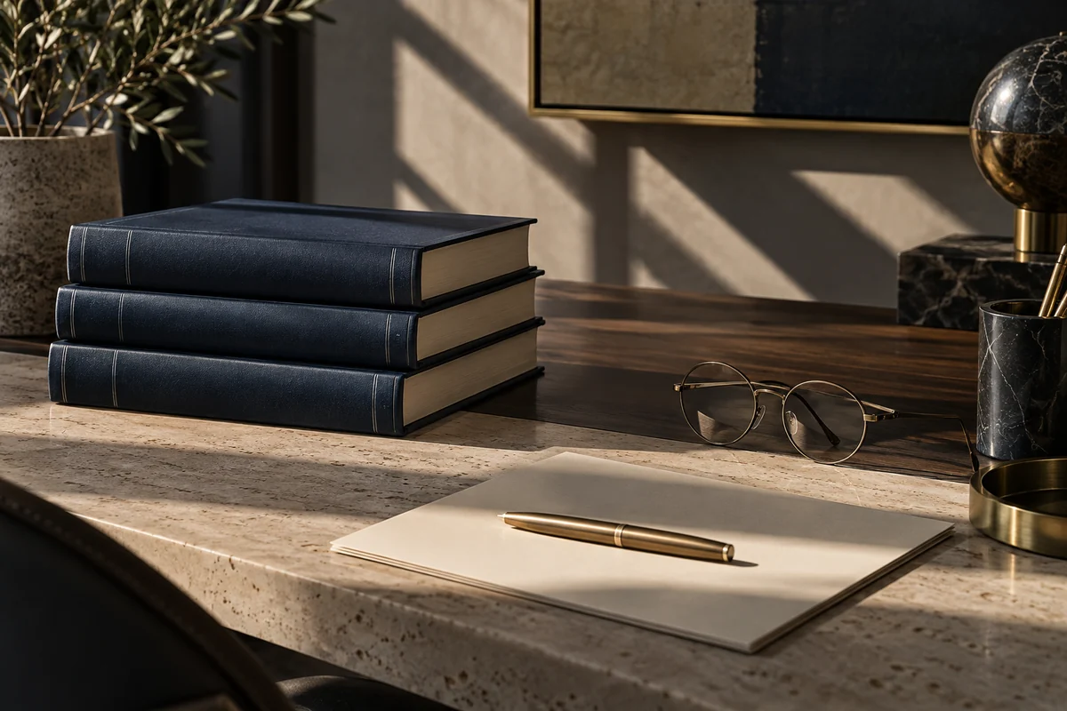 Livros jurídicos, óculos e caneta sobre uma mesa iluminada pelo sol