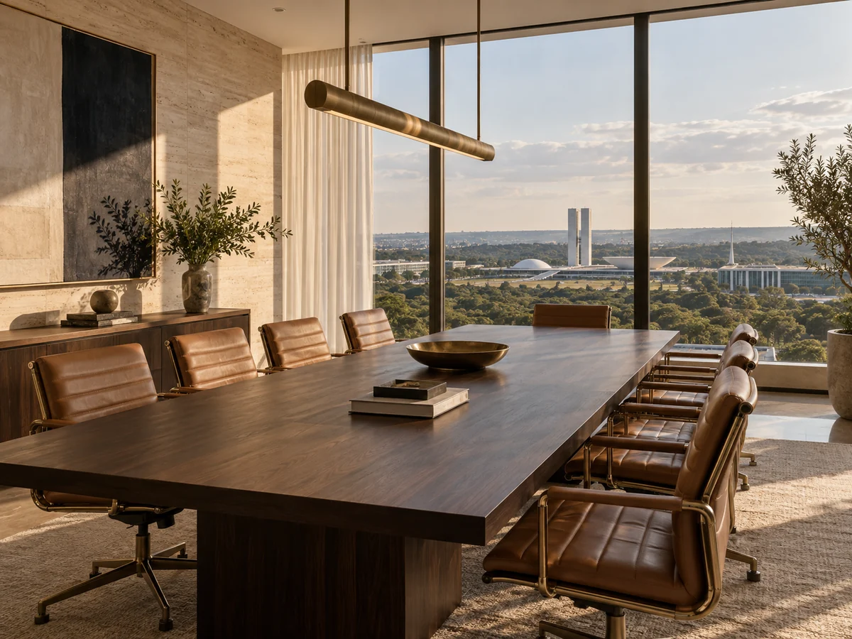 Sala de reuniões com madeira, couro e luz natural em Brasília