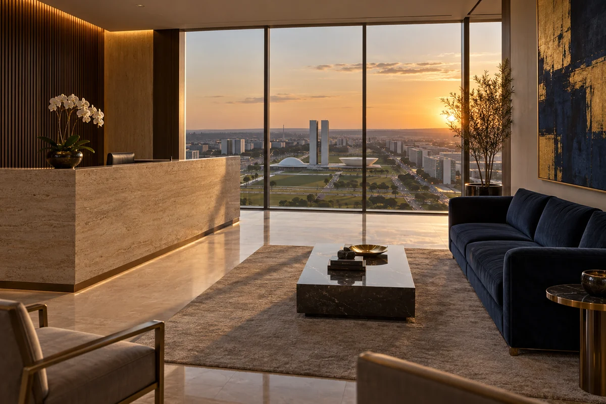 Recepção com travertino, sofá azul e vista para a Esplanada dos Ministérios em Brasília
