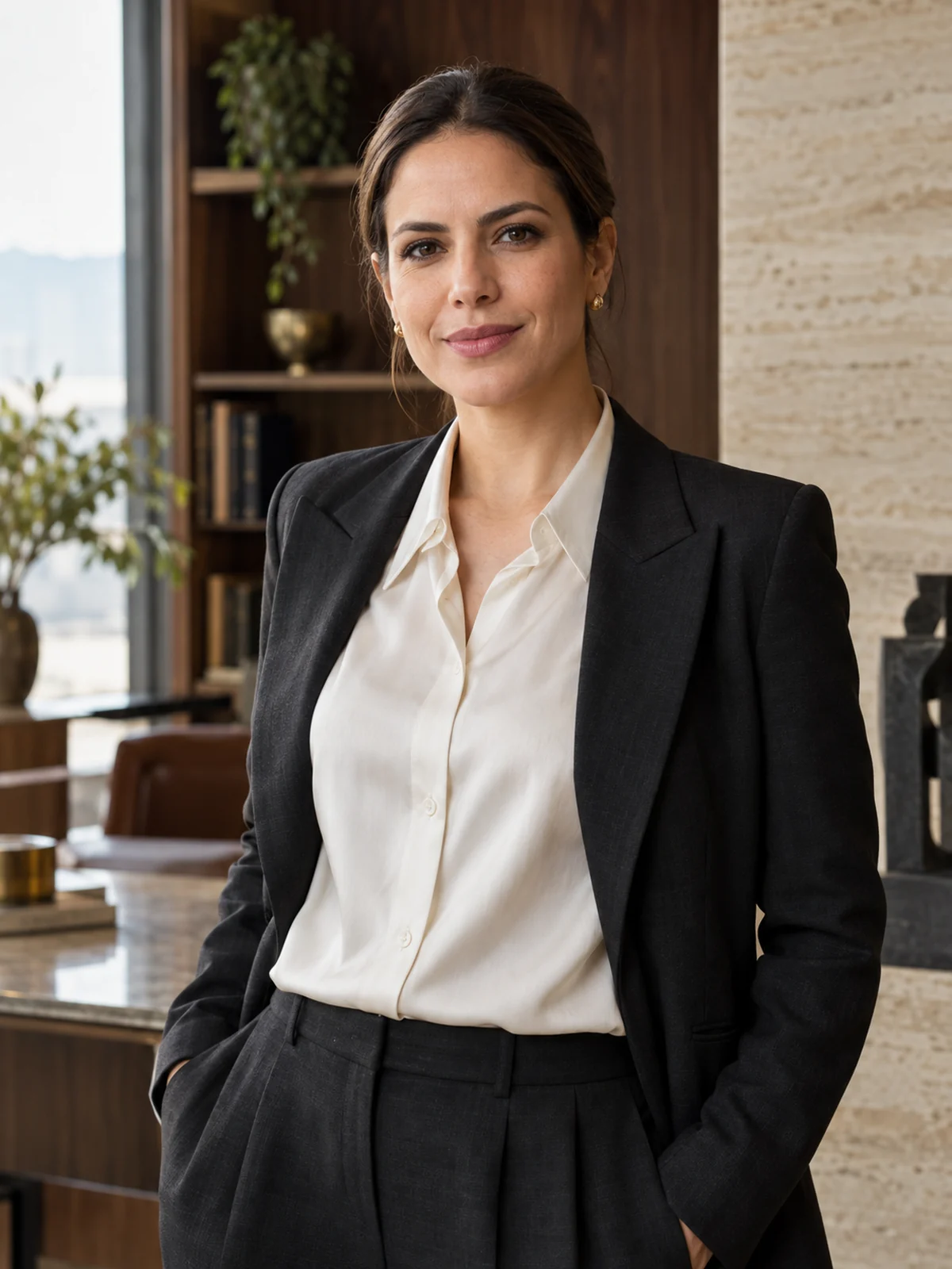 Renata Coimbra, personagem fictícia, em blazer e camisa marfim
