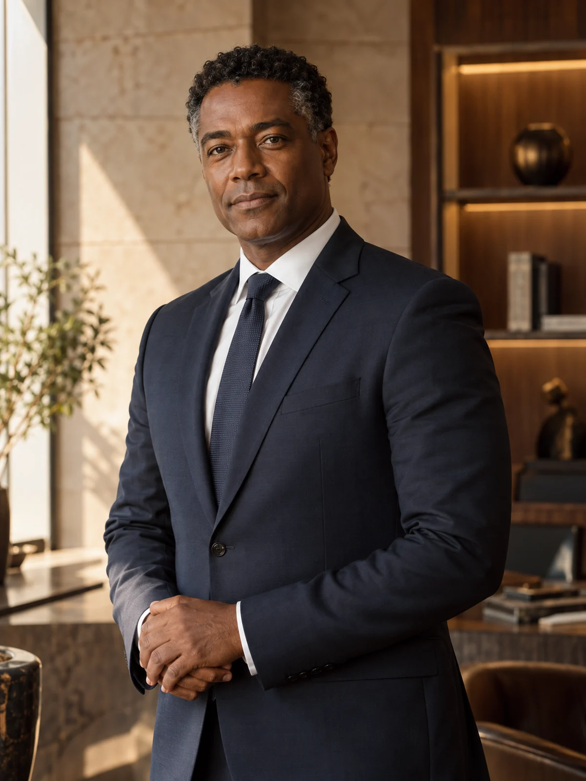 Augusto Barreto, personagem fictício, em terno azul-marinho