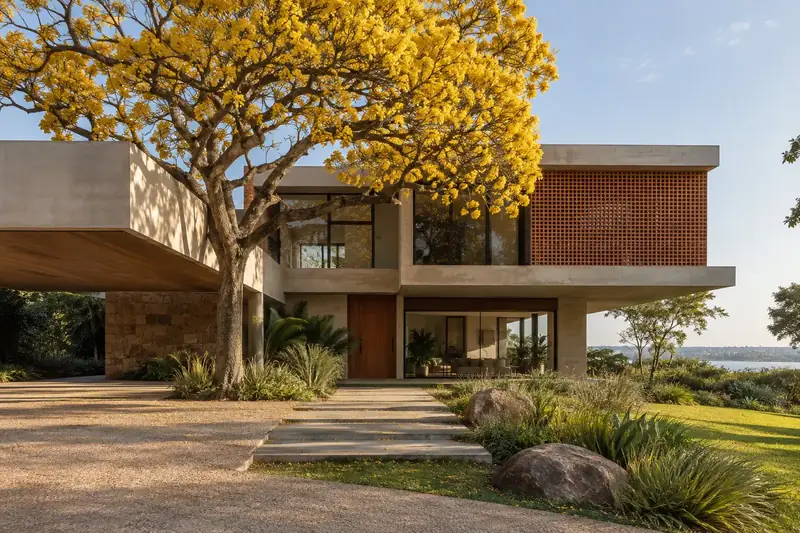 Casa Ipê com volumes de concreto, cobogós e ipê amarelo no jardim