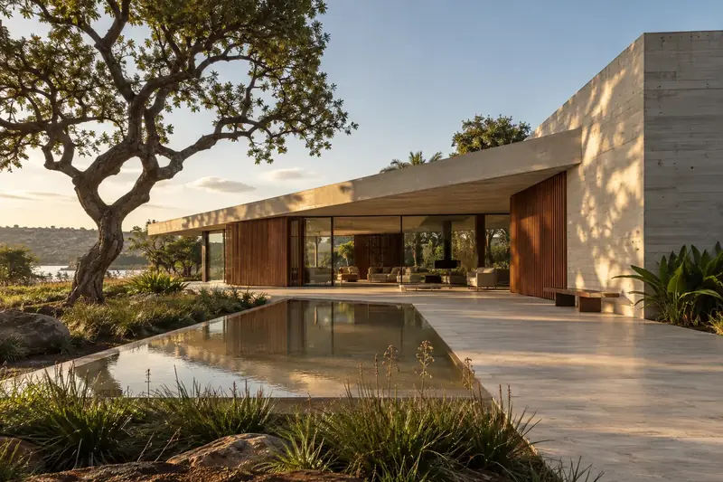 Fachada horizontal da Casa Vereda com piscina e concreto aparente