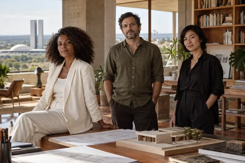 A equipe fictícia do VÃO: Cecília Moura, Otávio Rezende e Júlia Tanaka, reunidos no estúdio de arquitetura