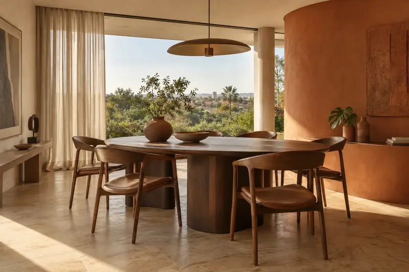 Sala de jantar com parede curva terracota e mobiliário de madeira