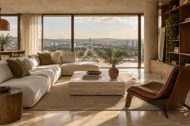 Sala do Apartamento Entre com sofá claro, madeira e vista para o verde