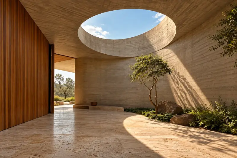 Luz natural sobre parede curva de concreto e pátio com abertura circular