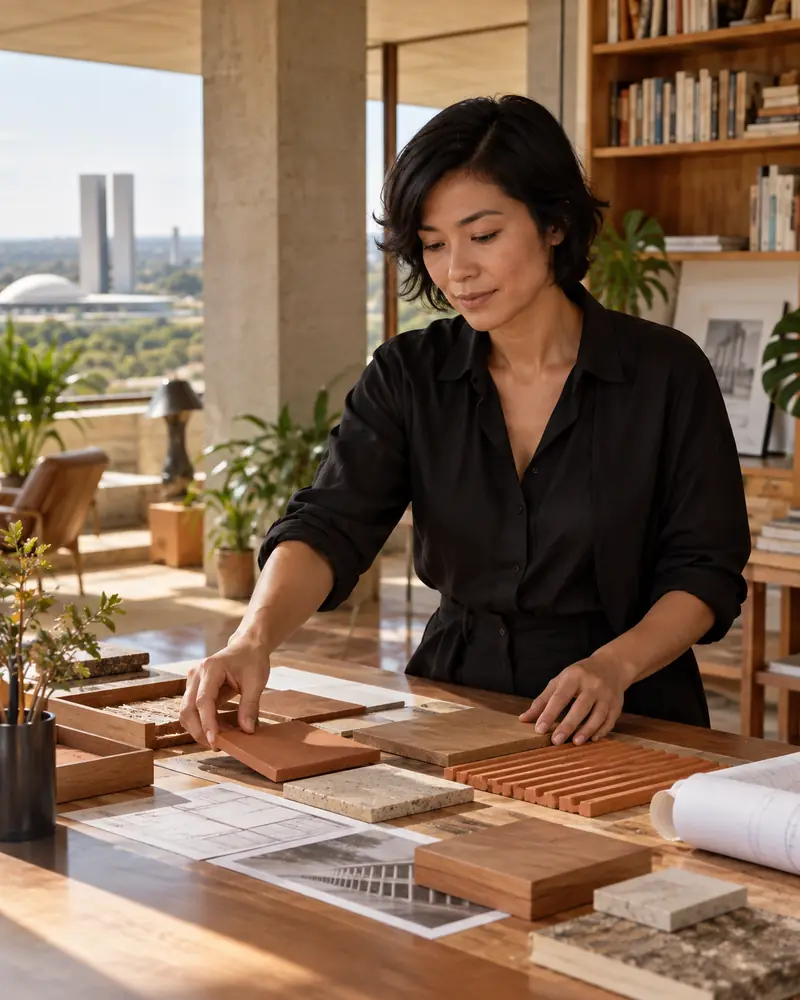 Júlia Tanaka trabalhando em um projeto de arquitetura