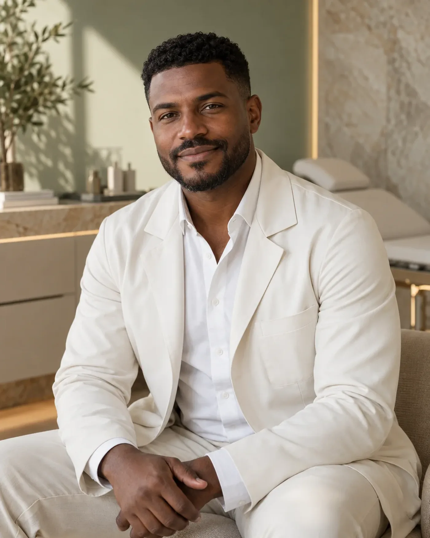 Retrato do personagem Dr. Daniel Okafor Lima, de jaleco claro