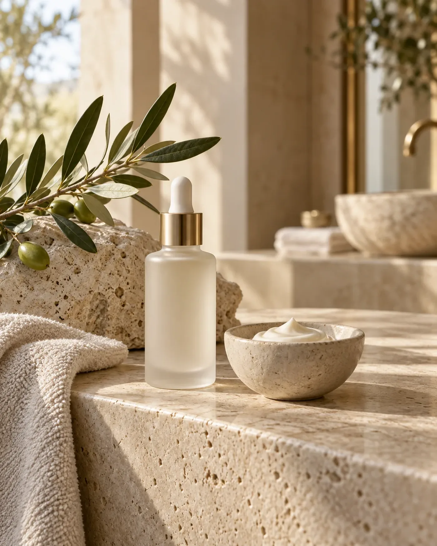 Sérum e creme sem marca sobre pedra natural