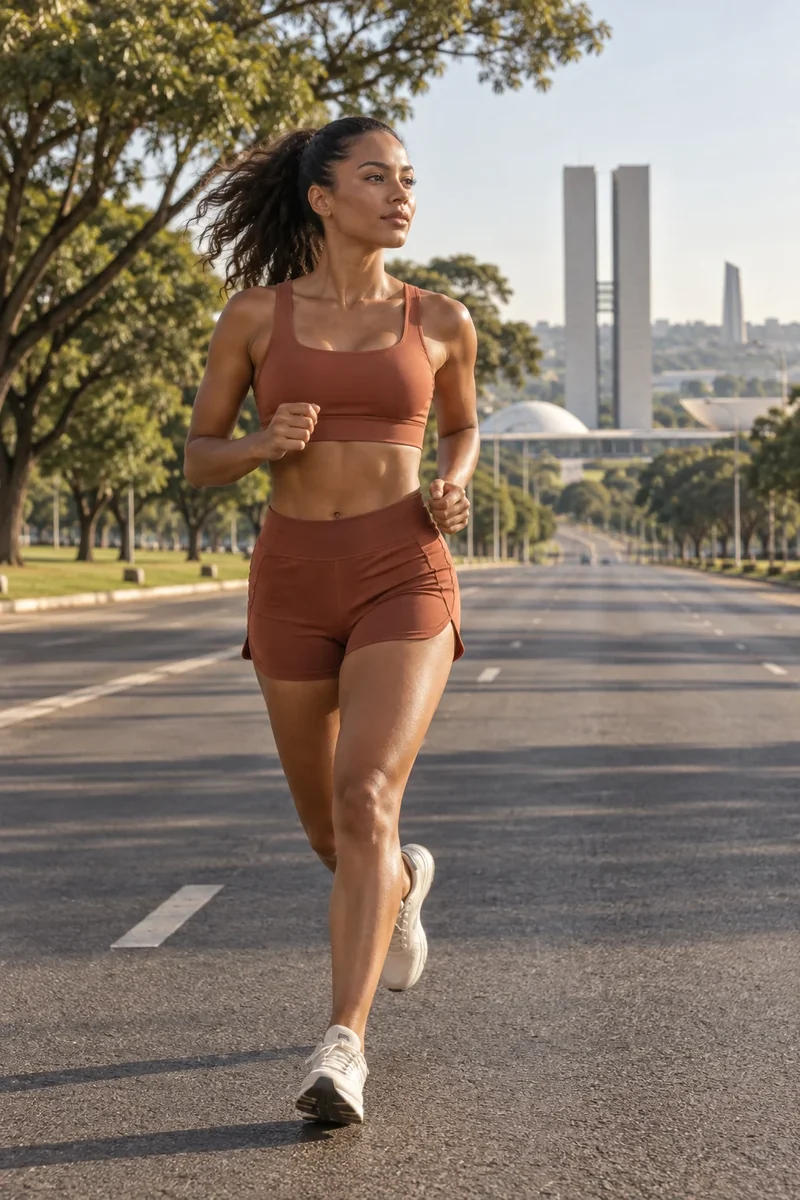 Mulher correndo no Eixão com conjunto terracota