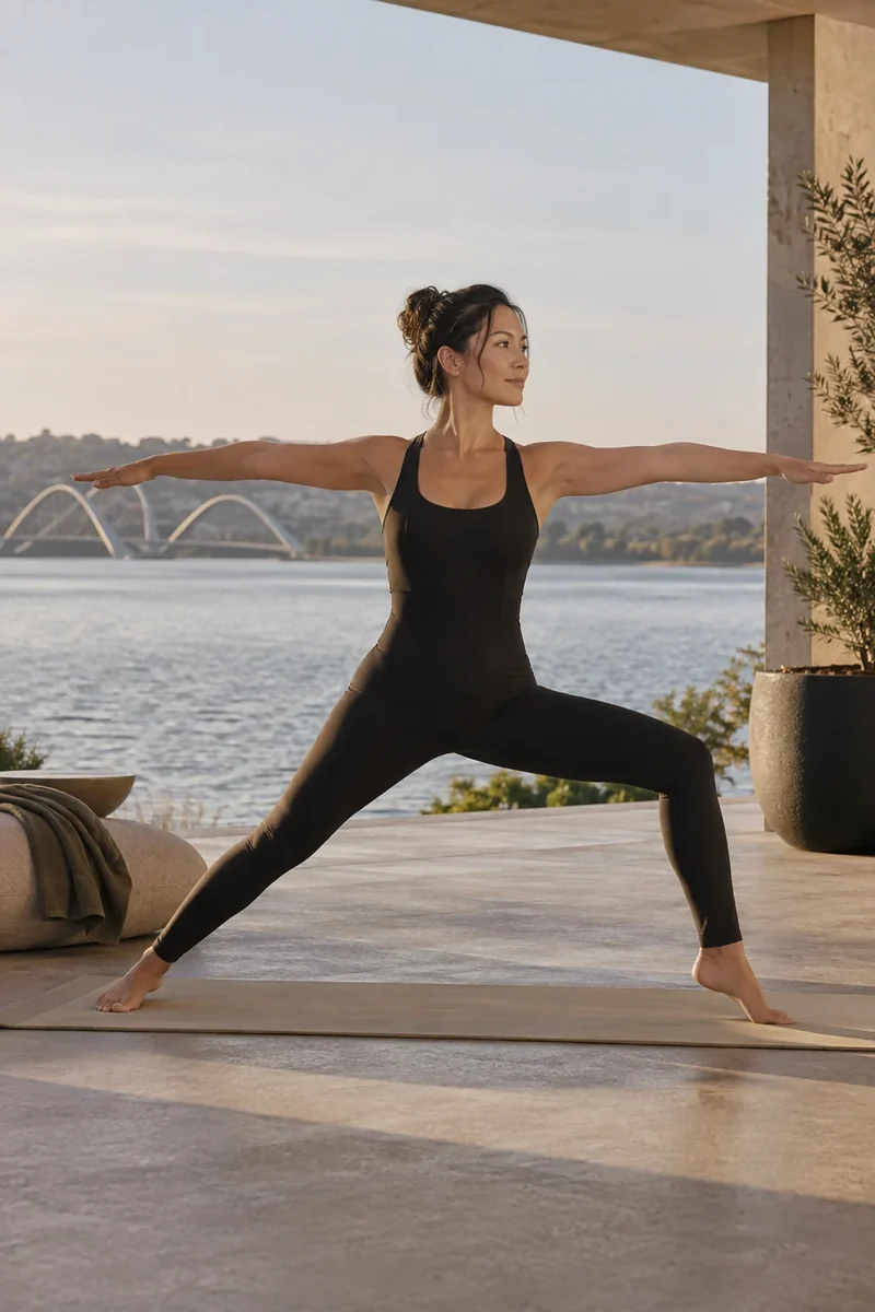 Mulher praticando yoga em um deck junto ao Lago Paranoá