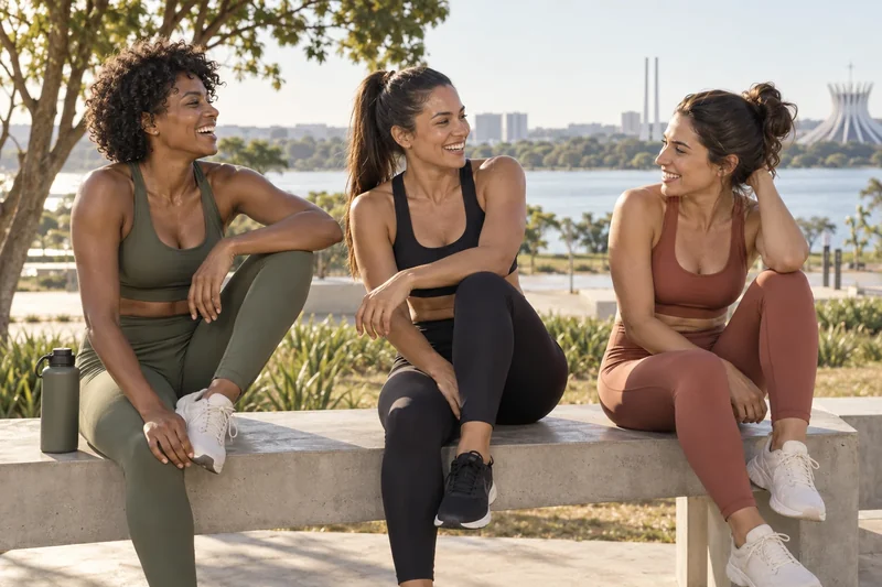 Três mulheres do Clube ALVAÉ conversando após o treino no Parque da Cidade