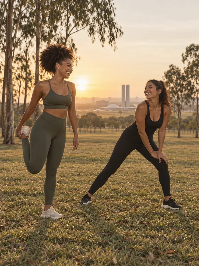 Duas amigas se alongando no gramado do Parque da Cidade ao amanhecer