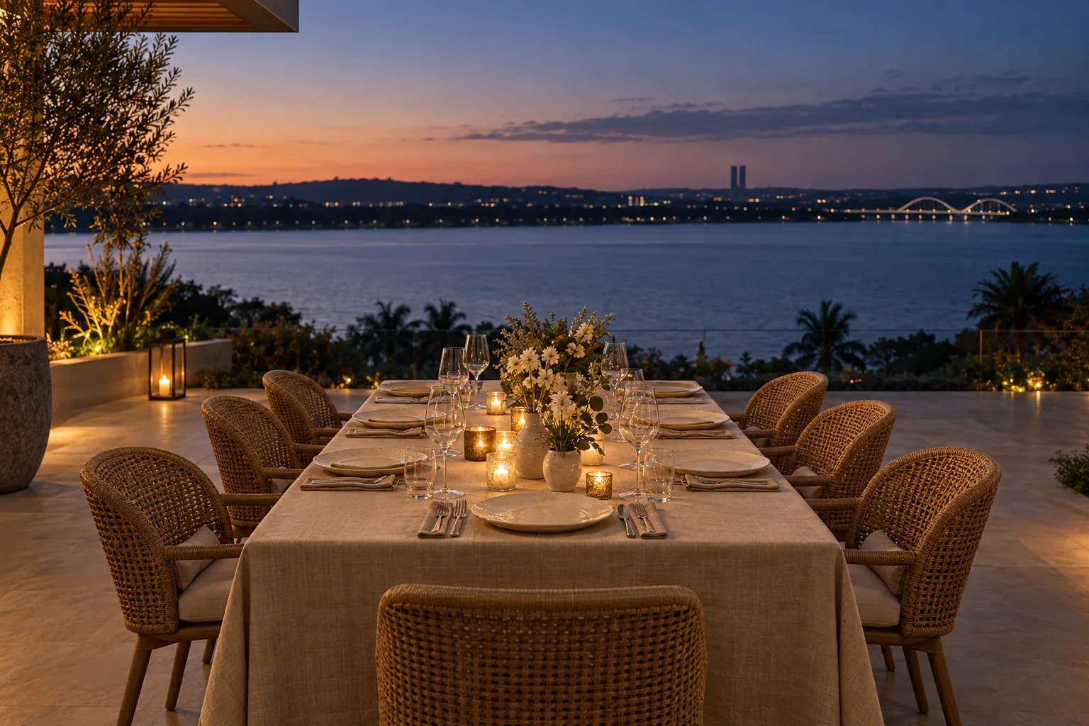 Mesa posta à luz de velas no terraço, diante do Lago Paranoá ao anoitecer