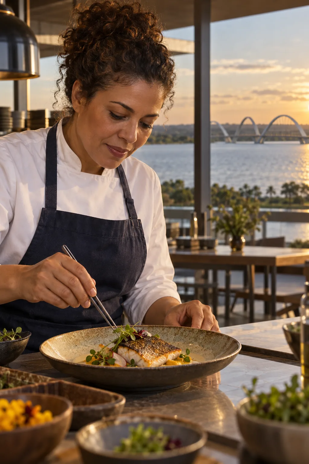 Chef Iara Menezes finalizando um prato com ervas frescas na cozinha do Arumã