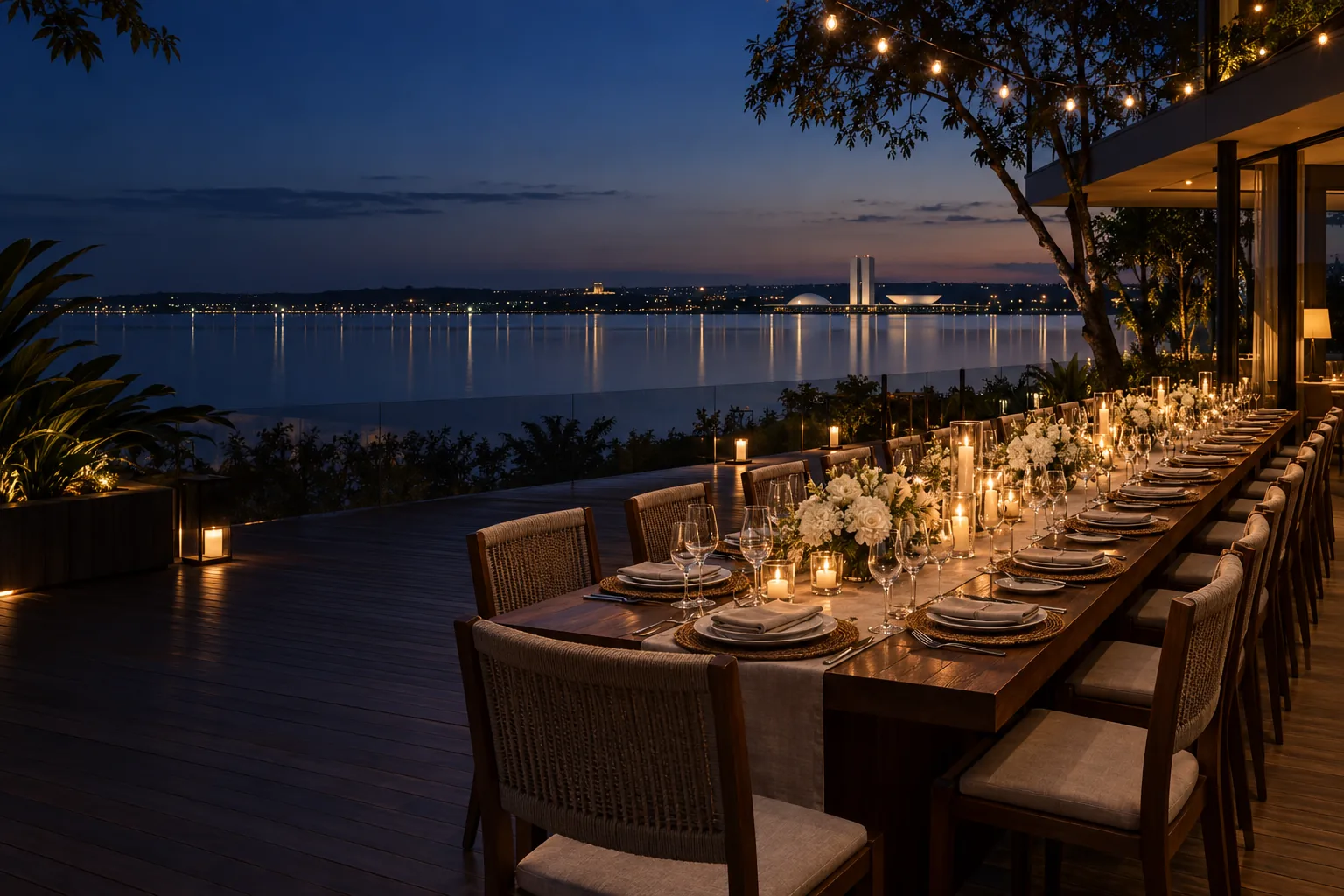 Deck exclusivo preparado para um jantar privado com flores e velas