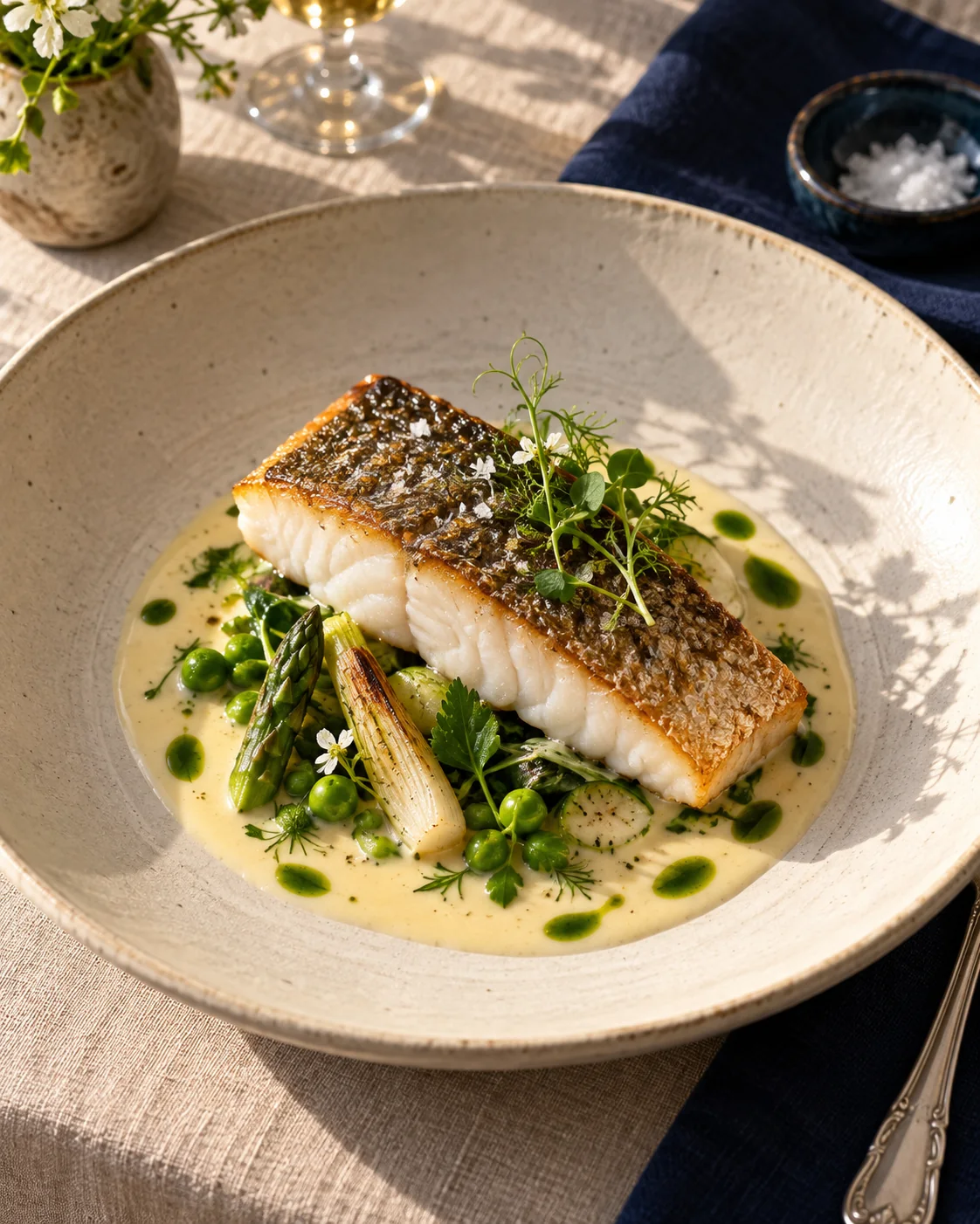 Robalo dourado sobre beurre blanc, com vegetais verdes e óleo de ervas
