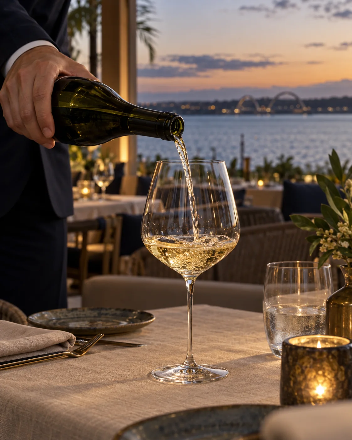 Vinho branco sendo servido em uma taça, com a luz do lago ao fundo