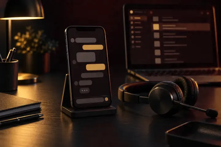 Celular num suporte mostrando uma conversa com balões sem texto, fone de ouvido e notebook com caixa de entrada ao fundo.