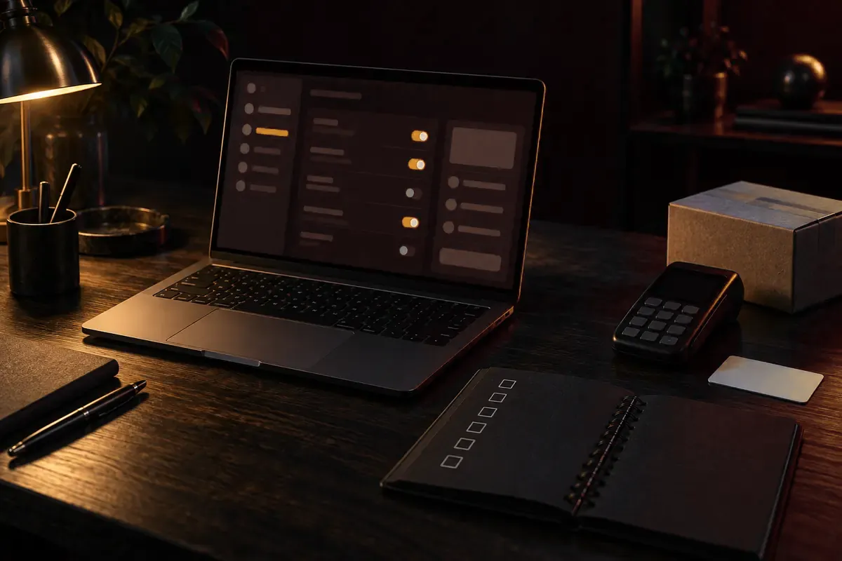 Notebook com tela de configurações, caderno com caixas de seleção vazias, maquininha e caixa de envio sobre mesa escura.