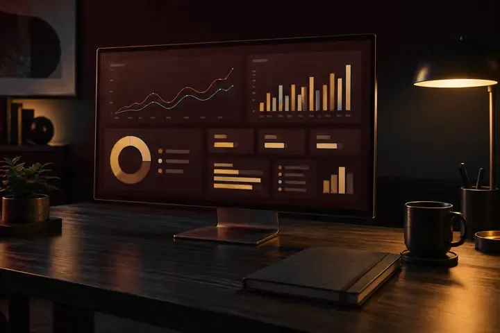 Monitor sobre mesa escura exibindo um painel com gráficos de linha, barras e rosca.