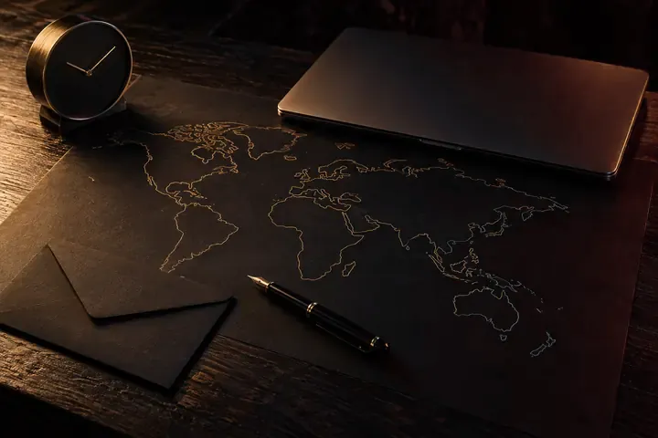 Mapa-múndi em linhas douradas sobre papel preto, com caneta, envelope, relógio e notebook fechado.