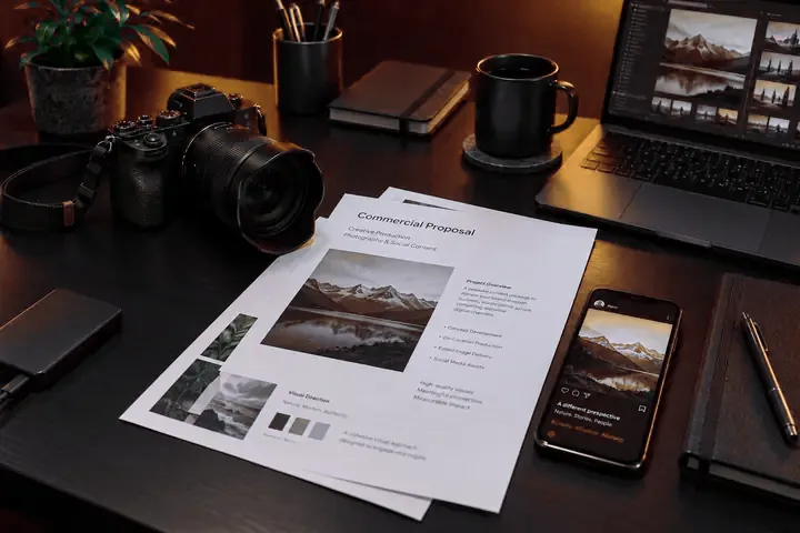 Câmera, documentos e celular em uma produção de conteúdo.