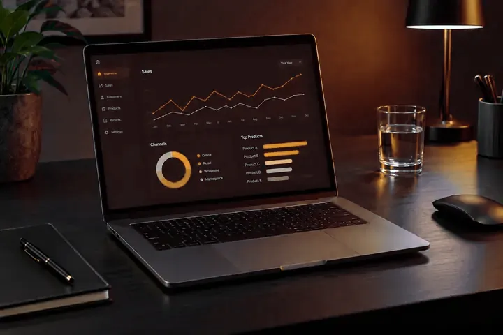 Notebook em uma mesa escura com gráficos de análise de negócios.